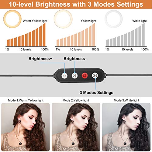 PEHESHE 10" Luz de Anillo LED Fotográfica, 3 Colores 10 Brillos Regulables Control Remoto, 63" Trípode con Soporte Giratorio de teléfono para Selfie, Youtube, TIK Tok