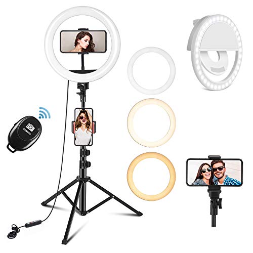 PEHESHE 10" Luz de Anillo LED Fotográfica, 3 Colores 10 Brillos Regulables Control Remoto, 63" Trípode con Soporte Giratorio de teléfono para Selfie, Youtube, TIK Tok