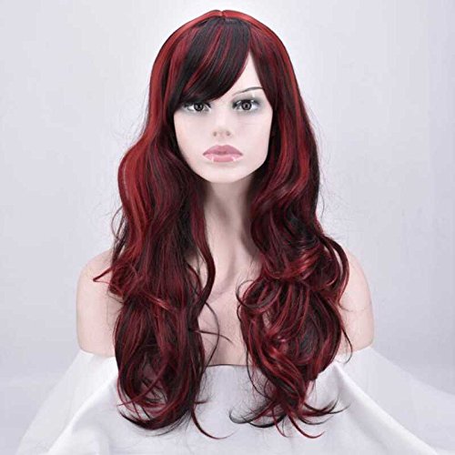 Peluca de pelo sintético ondulado de longitud media para mujer en color negro y rojo, para fiestas de disfraces