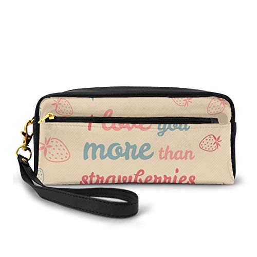 Pencil Case Pen Bag Pouch Stationary,Fun Quote and Pastel Backdrop with Valentines Strawberry,Small Makeup Bag Coin Purse
