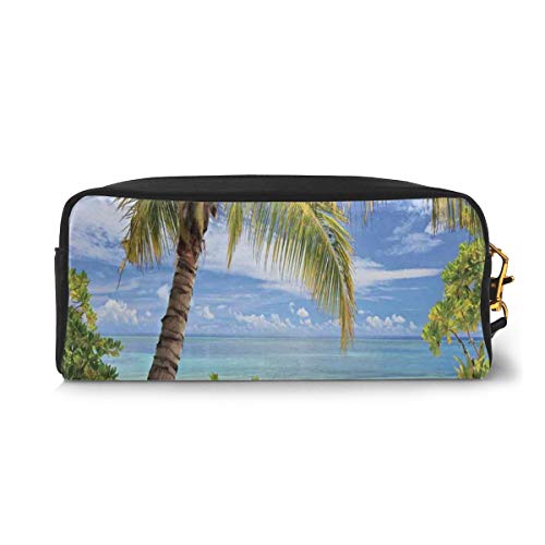 Pencil Case Pen Bag Pouch Stationary,Tropical Sandy Beach with Palm Trees Maldives Coastline Peaceful Theme,Small Makeup Bag Coin Purse