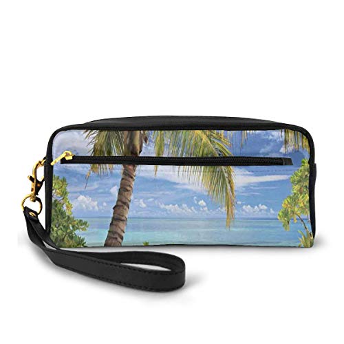 Pencil Case Pen Bag Pouch Stationary,Tropical Sandy Beach with Palm Trees Maldives Coastline Peaceful Theme,Small Makeup Bag Coin Purse