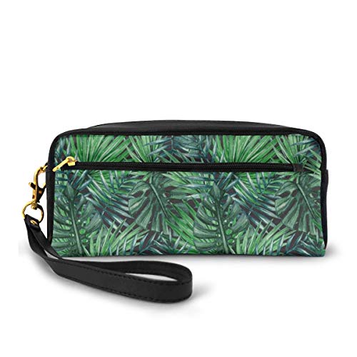 Pencil Case Pen Bag Pouch Stationary,Watercolored Old Design Print of Palm Tropic Exotic Forest Leaves,Small Makeup Bag Coin Purse