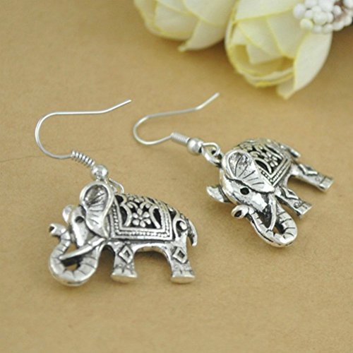 Pendientes colgantes de plata tibetana con diseño de elefante