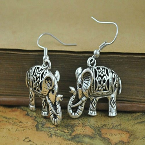 Pendientes colgantes de plata tibetana con diseño de elefante