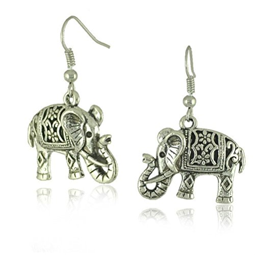 Pendientes colgantes de plata tibetana con diseño de elefante
