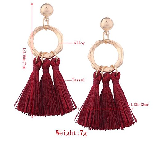 Pendientes,Colgante，Clip Hebilla de oreja，Aretes，Cuelgan，Personalidad NUEVOS PENDIENTES BOHEMICOS DE TASSEL Nuevos bohemios,borla hecha a mano,3# RED WINE Sencillo,coreano,accesorios,delicado,vintage