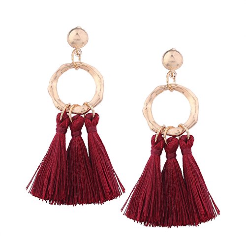 Pendientes,Colgante，Clip Hebilla de oreja，Aretes，Cuelgan，Personalidad NUEVOS PENDIENTES BOHEMICOS DE TASSEL Nuevos bohemios,borla hecha a mano,3# RED WINE Sencillo,coreano,accesorios,delicado,vintage