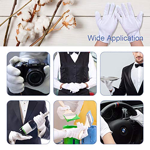 Perfetsell 12 Pares 24 Guantes Algodon Blanco Guantes Tela Blanca Finos Guantes Algodon Mujer Hombre Guantes de Joyeria Lavables Guantes Algodon Blanco para Camarero Joyería Plata Cámara Disfraz