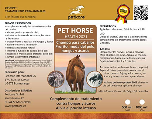 Peticare Caballo Bio Champu contra Picor, Anti-Pulgas y Anti-Acaros - Tratamiento para Anti-Parasitos y Repelente, Detiene Picores Fuerte, Shampoo 100% Organico - petHorse Health 2021 (500 ml)
