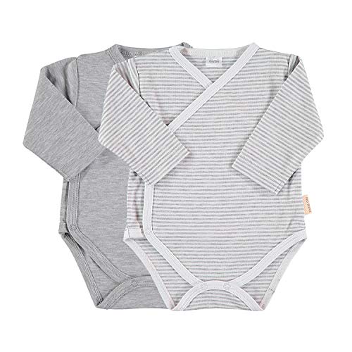 Petit Oh! - Pack de 2 Bodies Cruzados bebé algodón Pima, Talla 3-6 Meses (Gris + Listado Gris)