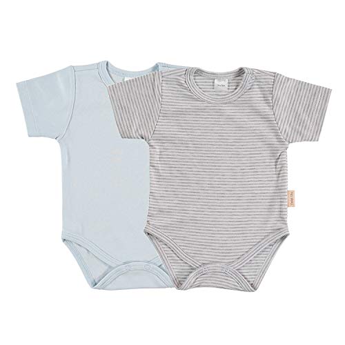Petit Oh! - Pack de 2 Bodies Manga Corta para bebé 100% algodón Pima Color listado Gris y Celeste (0-3 Meses)