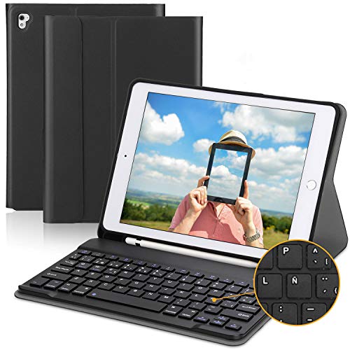 PEYOU Teclado para iPad 2018, Funda con Teclado Español Bluetooth Inalámbrico, para iPad 9.7/Pro 9,7/Air 2/1/2018 (6th Gen)/ 2017, con Ranura para Apple Pencil, Smart Auto Sleep-Wake, Desmontable
