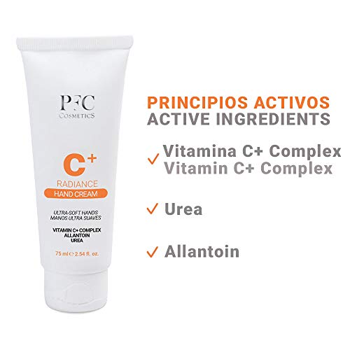 PFC Cosmetic Crema de Manos con Vitamina C Radiance C+ Hand Cream 75ml Concentrado de Vitaminas C+ Complex 2% Combinación de Activos Urea Allantoin con Protección Solar para Cuidado Facial y Piel.