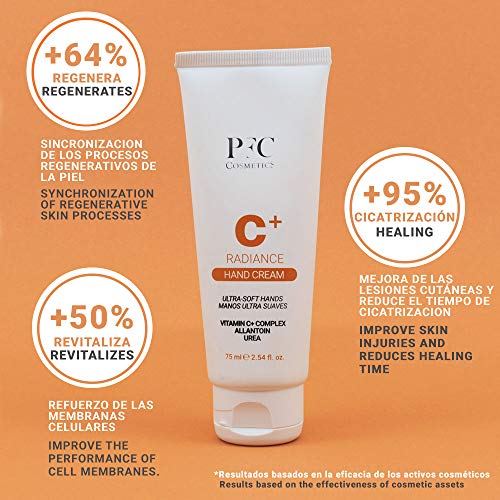 PFC Cosmetic Crema de Manos con Vitamina C Radiance C+ Hand Cream 75ml Concentrado de Vitaminas C+ Complex 2% Combinación de Activos Urea Allantoin con Protección Solar para Cuidado Facial y Piel.