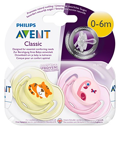 Philips Avent SCF169/26 - Set de 2 chupetes Gama Safari, de 0 a 6 meses, diseño tigre o flamenco, para niña, color Rosa y Amarillo