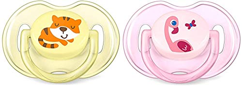 Philips Avent SCF169/26 - Set de 2 chupetes Gama Safari, de 0 a 6 meses, diseño tigre o flamenco, para niña, color Rosa y Amarillo