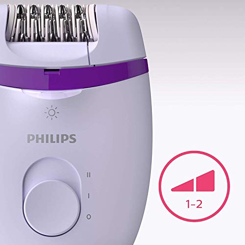 Philips Depiladora Satinelle Essential BRE275/00 - Depiladora mujer para piernas con cable compacta, luz Opti-Light, 2 ajustes de velocidad y 4 accesorios, morado