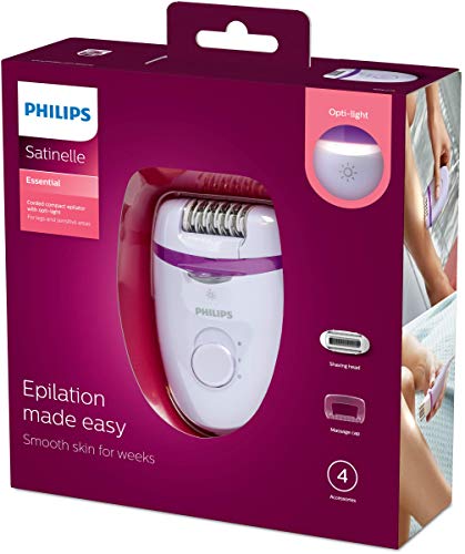 Philips Depiladora Satinelle Essential BRE275/00 - Depiladora mujer para piernas con cable compacta, luz Opti-Light, 2 ajustes de velocidad y 4 accesorios, morado