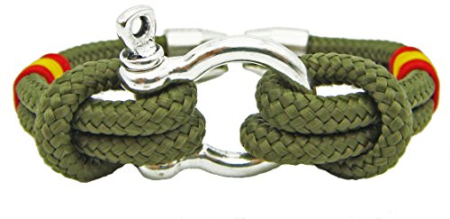 Pi2010 - Pulsera náutica con grillete/Verde Militar/Bandera España Trenzada/Unisex / 19cm /recomendamos medirse la muñeca para calcular Talla/Hecho a Mano en España/Cierre zamac/Grosor 4mm