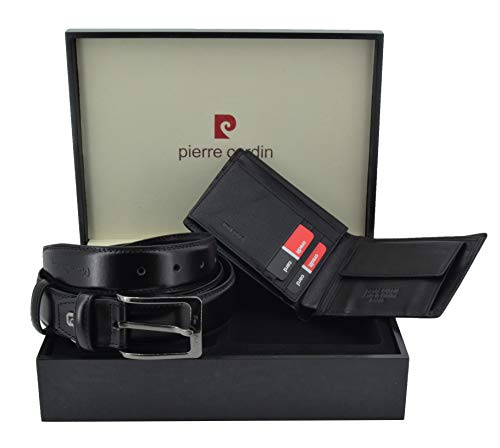 Pierre Cardin, Caja de regalo de madera para hombre, conjunto de cinturón acortable y cartera de cuero genuino