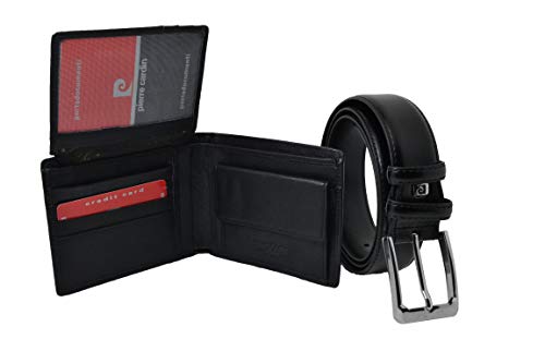 Pierre Cardin, Caja de regalo de madera para hombre, conjunto de cinturón acortable y cartera de cuero genuino