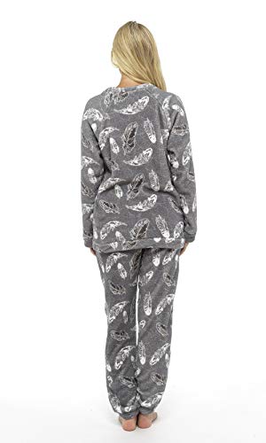 Pijama Mujer Invierno Suave Cómodo con Plumas Prosecco Estrellas Vario Estilos Pijamas Invernal Regalo para Ella (impresión de la Pluma Gris, L)