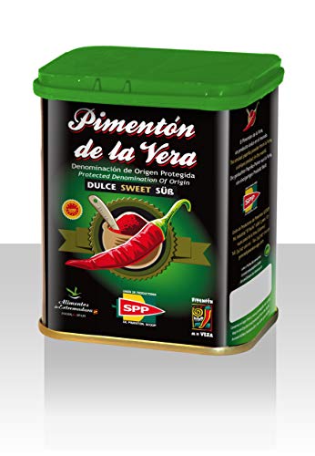 Pimentón de la Vera Ahumado, Dulce en Lata de 75 g, Producto con la Denominación de Origen Protegida D.O.P. Condimento Apto para Celíacos.