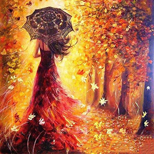 Pintura por número de Kit, Diy pintura al óleo dibujo Chica romántica caminando por debajo de los árboles lienzo con pinceles Decoración de Navidad decoraciones regalos - 16 * 20 pulgadas sin marco