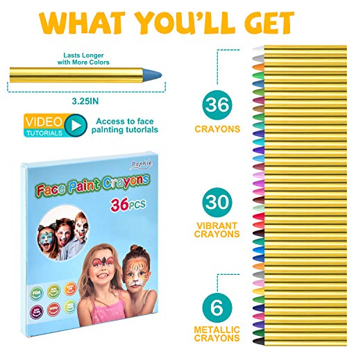 Pinturas Cara para Niños,Crayones de Pintura de Cara,Jumbo de 36 Jumbo 3"Crayones de Maquillaje para Pintura de Cara y Cuerpo, 12 Colores Metálicos y 24 Colores Clásicos para Halloween