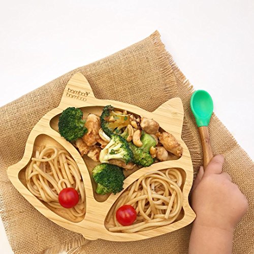 Plato de succión para bebés y niños con forma de zorro, plato de bambú natural cereza