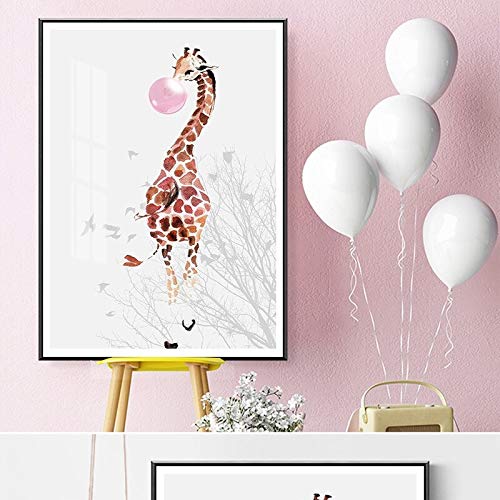 PLjVU Sin Marco-Cuadro en Lienzo póster Dormitorio nórdico Pintura Rosa Burbuja Jirafa niños Animal Arte de la Pared jardín de Infantes niños habitación de bebé decoración