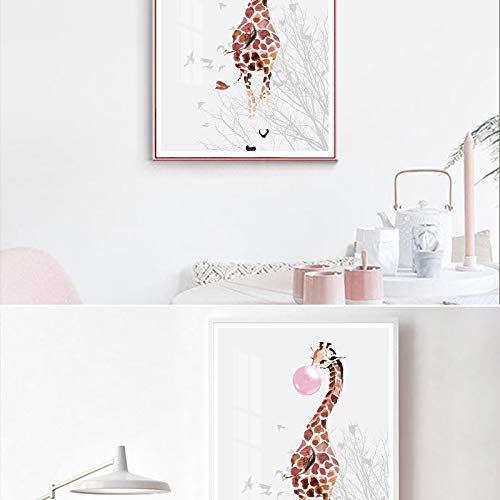PLjVU Sin Marco-Cuadro en Lienzo póster Dormitorio nórdico Pintura Rosa Burbuja Jirafa niños Animal Arte de la Pared jardín de Infantes niños habitación de bebé decoración