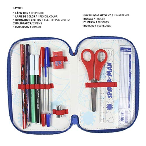 Plumier Estuche Artesanía Cerda Premium de cremallera triple 3 pisos SPIDERMAN - 43 piezas contenido Giotto + REGALO