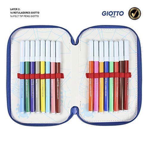 Plumier Estuche Artesanía Cerda Premium de cremallera triple 3 pisos SPIDERMAN - 43 piezas contenido Giotto + REGALO