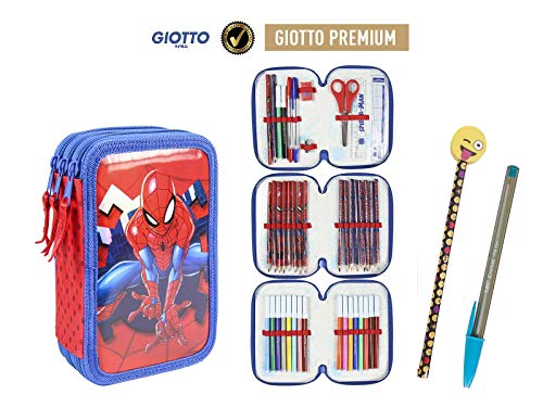 Plumier Estuche Artesanía Cerda Premium de cremallera triple 3 pisos SPIDERMAN - 43 piezas contenido Giotto + REGALO