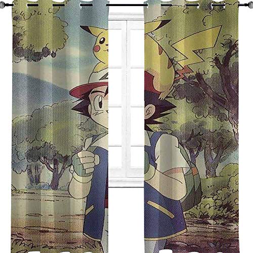 Pokémon Pikachu - Cortina de ventana con ojales para sala de estar con aislamiento térmico, poliéster, multicolor, 2 panel(32"W x 72"L W80cmxL183cm)