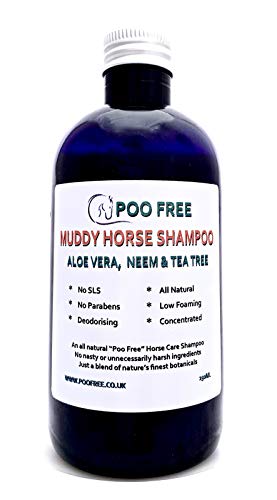 POO FREE Natural - CHAMPÚ para Caballos FANGOSOS - con Aloe Vera, ÁRBOL DE TÉ & NEEM - 250ml Sulfatos, Sin Parabenos, Sin Silicona. Concentrado, Limpia, Calma, Hidrata, Alivia.