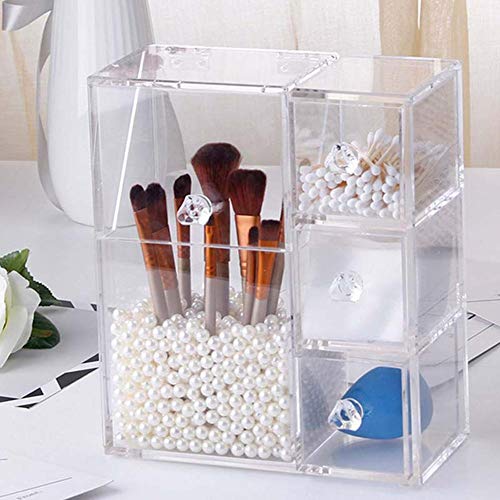 Portaescobillas de Maquillaje, Organizador de Maquillaje acrílico con 2 portaescobillas y 3 cajones Caja a Prueba de Polvo con Perla Rosa Gratis para encimera de tocador de baño
