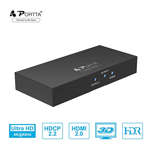 Portta HDMI Splitter 4K 2 Puertos 1 Entrada 2 Salida 1X2 V2.0 Switch HDMI Distribuidor Ultra HD Full 3D 4K@60HZ HDR HDCP2.2 Amplificador para BLU-Ray DVD/HDTV/PS3/PS4 Pro/Xbox 360/One/PC/macbook/Roku