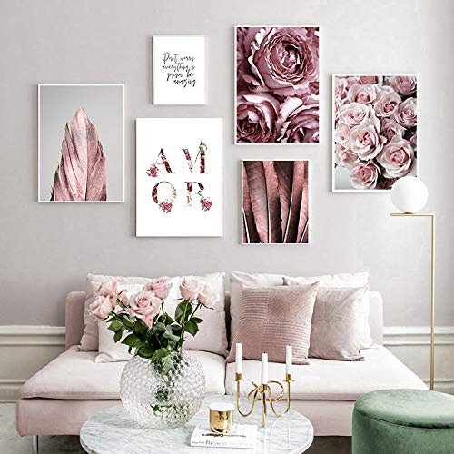 Póster de Moda escandinavo, Pluma de Flor Rosa, Estilo nórdico, Arte de Pared, Lienzo Impreso, Pintura, decoración Moderna para Sala de Estar, Imagen