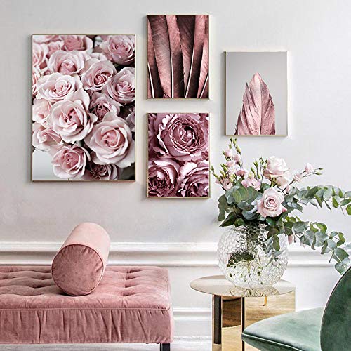 Póster de Moda escandinavo, Pluma de Flor Rosa, Estilo nórdico, Arte de Pared, Lienzo Impreso, Pintura, decoración Moderna para Sala de Estar, Imagen