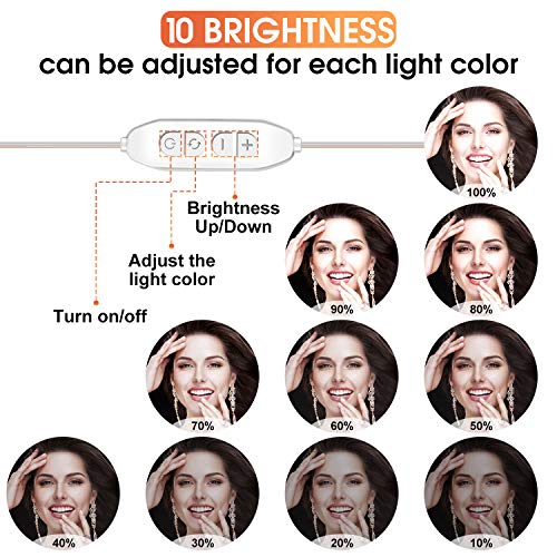 POVO Luces para Espejo de Maquillaje 14 Bombillas Regulables LED Lámpara Kit de Espejo Cosmético de Tocador con Estilo Hollywood 10 Niveles de Brillo y 3 Modos de Color, USB Operado (Blanco)