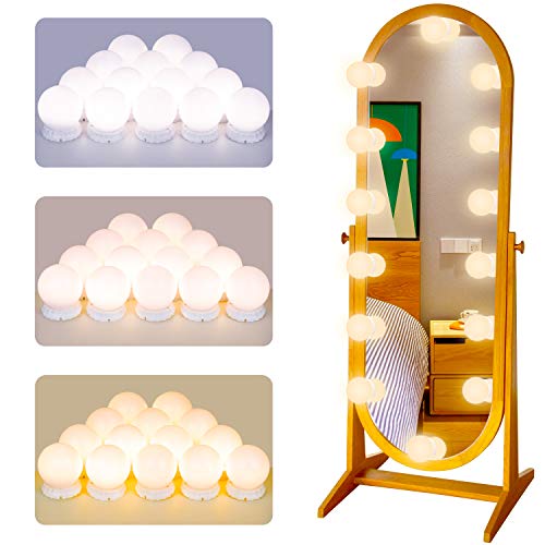 POVO Luces para Espejo de Maquillaje 14 Bombillas Regulables LED Lámpara Kit de Espejo Cosmético de Tocador con Estilo Hollywood 10 Niveles de Brillo y 3 Modos de Color, USB Operado (Blanco)