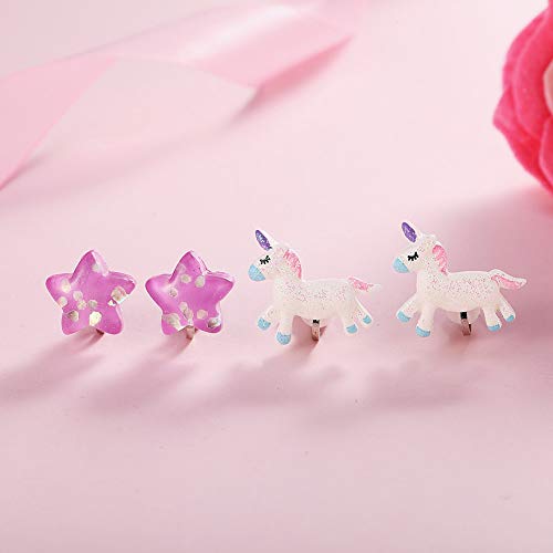 Powerking Aretes con Clip para niñas, aretes de joyería para niñas y aretes de Vestir de Princesa para niños, 6 Pares (Girl Earring-Unicorn)