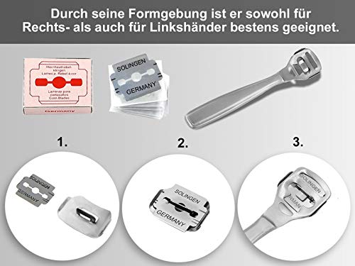 Premium Cuerno de piel de carpintero de Juego – Cortacallos + 11 cuchillas de Solingen fabricado en Alemania.