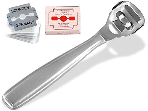 Premium Cuerno de piel de carpintero de Juego – Cortacallos + 11 cuchillas de Solingen fabricado en Alemania.