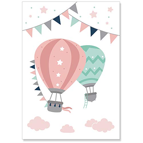 PREMYO Cuadros Infantiles Habitación Niña - Láminas Decorativas para Enmarcar - 3 Póster Globo Aerostático Nube Rosa A4