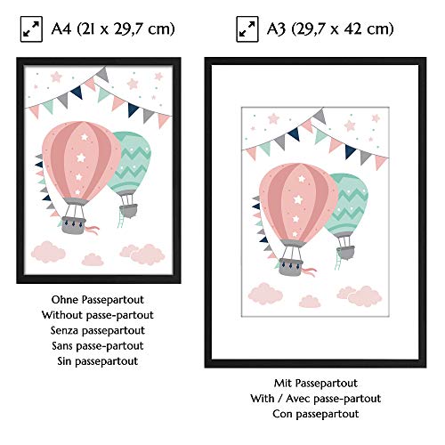 PREMYO Cuadros Infantiles Habitación Niña - Láminas Decorativas para Enmarcar - 3 Póster Globo Aerostático Nube Rosa A4