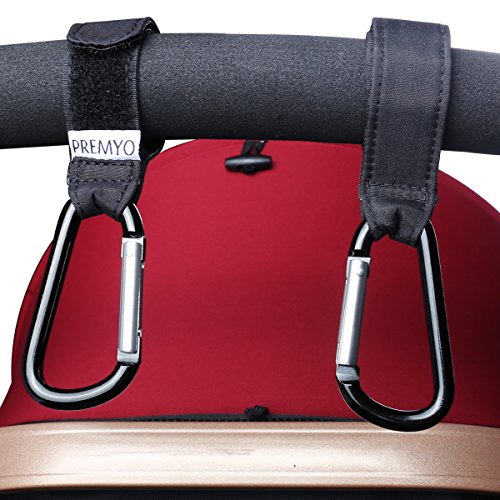 PREMYO Juego 2 Ganchos Silla de Paseo Carrito Bebé Multiuso Funcional Resistente Colgador Mosquetón Enganche para Bolso Maternal Organizador Compras